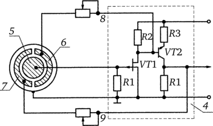 Схема датчика с обратной связью и круглым биморфным элементом.