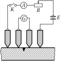 Схема дефектоскопа, работающего по электронотенциальному методу.