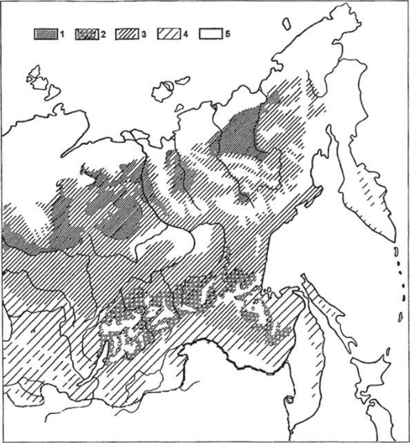 Рис. 10. Структура восточной части ареала лесного лемминга (Myopus schisticolor Lilljeborg, 1884): 1 - вид многочислен, 2- вид обычен, местами многочислен, 3 - вид обычен, 4 - вид редок, 5 - вид отсутствует. Карта составлена Л. Г. Емельяновой.