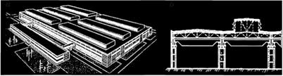 Одноэтажное производственное здание. Общий вид (а) и фрагмент характерного поперечного разреза (б).