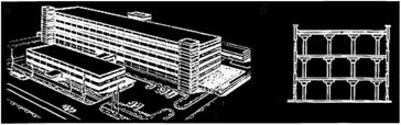 Многоэтажное производственное здание. Общий вид (а) и характерный поперечный разрез (б).