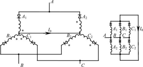 Рис. 5.48. Схема соединения обмоток трехфазного индукторного двигателя с выделенным нулевым проводом.