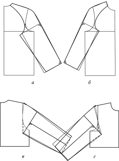 Варианты оформления верхних и нижних линий на передней и задней частях в конструкции рукава реглан.