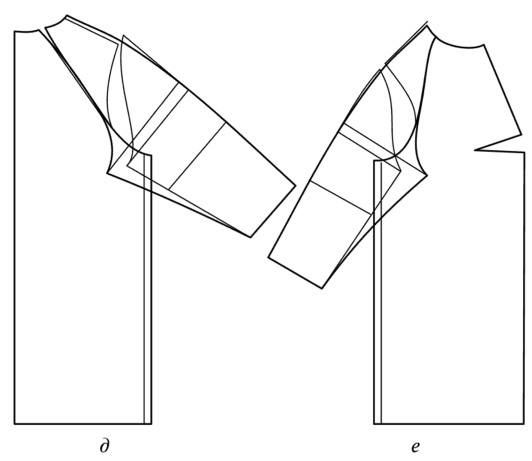 Рис. 8.2. Варианты оформления верхних и нижних линий на передней и задней частях в конструкции рукава реглан:
