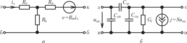 Низкочастотные схемы замещения биполярного (а) и полевого (б) транзисторов.