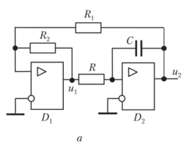 Схема генератора (а) и диаграммы работы (б).