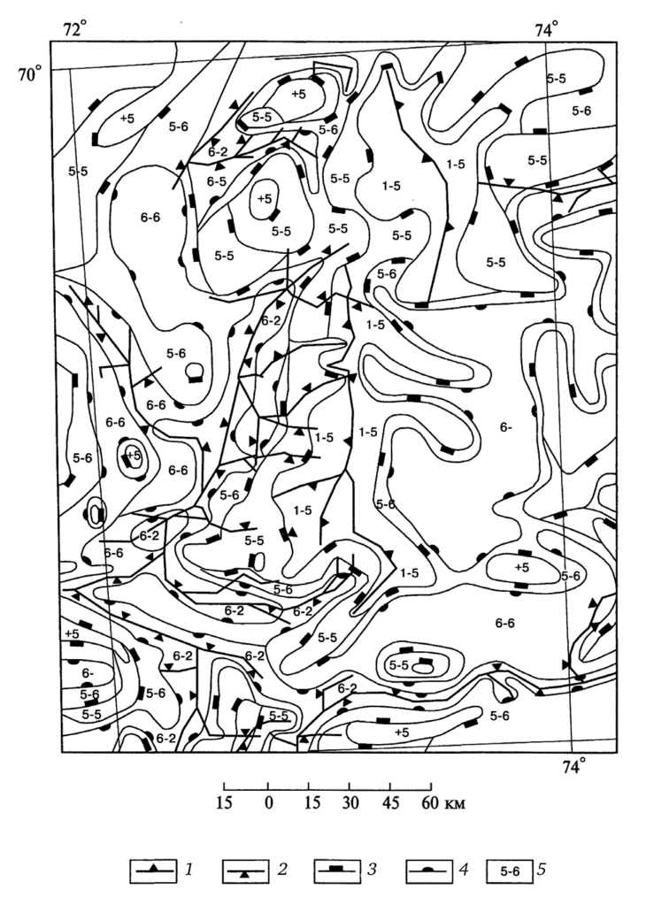 Puc. 46. Аналитическая карта рельефа Земли Принцессы Елизаветы, построенная по системно-морфологическому принципу (по А. Н. Ласточкину, 2004).