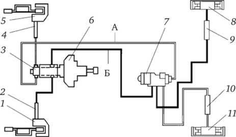 Схема рабочей тормозной системы автомобиля ВАЗ-2110.