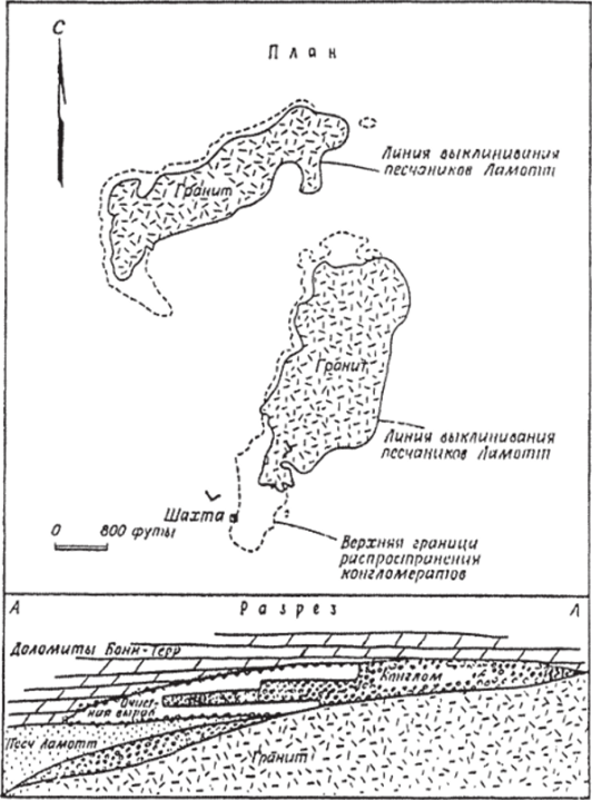 План и разрез рудного тела, приуроченного к структуре выклинивания, на месторождении Хайден-Крик, США (по Д. Бьюмонту).
