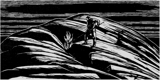 Мужчина разжигает огонь на скале. Норвежский художник Густав Вигеланд, 1933.