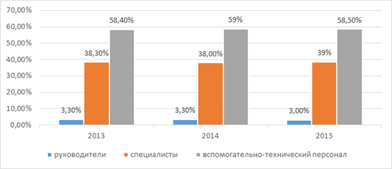 Динамика обеспеченности МАДОУ детский сад 3 трудовыми ресурсами в 2013;2015гг., %.