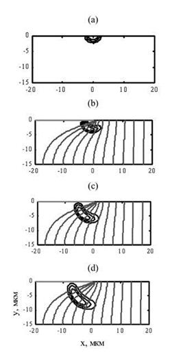 Контуры распределения показателя преломления волновода, формируемого путем селективного заглубления ионообменного Ag-волновода, совмещенные с силовыми линиями электростатического поля.