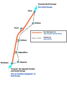 Схема высокоскоростной железнодорожной линии Тур-Бордо.