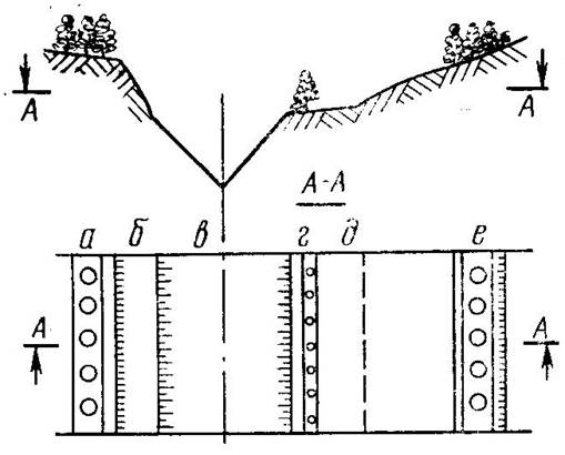 Схема размещения приовражной лесных полос (а, г) при облесении данного оврага (в); б - остаток берега балки; д - остаток дна балки; е - прибалочная лесополоса.