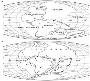 Положение материков в конце палеозоя и в начале юрского периода (по R. S. Dietz, J. S. Нolden, 1970).