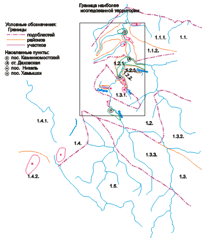 Схема инженерно-геоморфологического районирования Белореченского полигона.