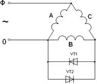 Принципиальная электрическая схема устройство бесконденсаторного запуска трехфазного электродвигателя от однофазной сети, при соединении обмоток статора по схеме «треугольник».