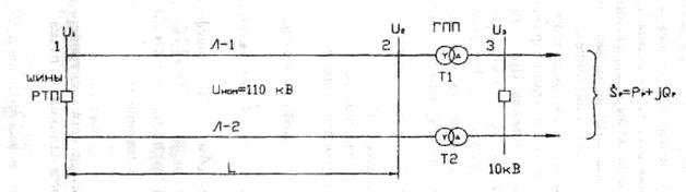 Принципиальная схема ЛЭП с трансформаторами ГПП (схема электропередачи).
