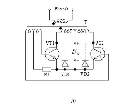 Рисунок 7.9 Основные схемы однофазных транзисторных инверторов с самовозбуждением (а, б, в, г, д).