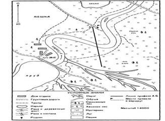 Схематический план участка местности в долине реки Голубая, используемого в качестве учебного полигона на экскурсиях 6-8 классах.