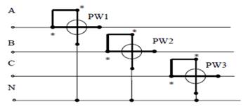 Схема измерения активной мощности в трехфазной четырехпроводной цепи тремя однофазными ваттметрами.