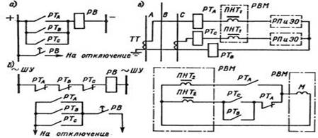 Схемы выполнения выдержки времени максимальной токовой защиты с помощью реле времени постоянного тока серии ЭВ-100.