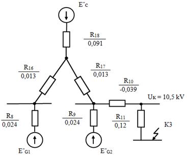 Рис. 19. Сворачивание схемы замещения к точке К3 (активное сопротивление).