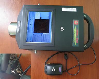 Подключение видеоспектральной люминесцентной лупы «Регула 4177» (А) к ППИ «Кедр» (Б) через USB порт (В).