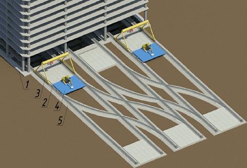 Пространственная схема предлагаемого технического решения, где 1 - ростверк, 2 - рельсовый путь, 3 - козловой кран, 4 - платформа, 5 - песчано-гравийная подготовка.