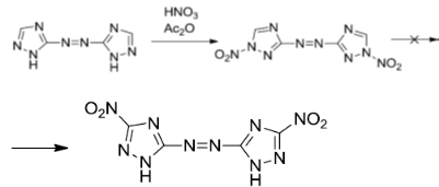 Синтез 5-амино-3-нитро-1,2,4-триазола (АНТ). Это соединение, не имеющее заместителя в положении 1 триазольного цикла, привлекает внимание как важный промежуточный продукт в синтезе малочувствительных взрывчатых веществ [1, 16, 17]. Впервые АНТ был получен нитрованием 5-ацетамидо-1,2,4-триазола смесью HNO3 + Ас2О по следующей схеме [18]: