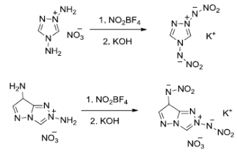Пикрилпроизводные 1,2,4-триазола. Для синтеза пикрилпроизводных триазола используются реакции замещения галогена в пикрилхлориде и пикрилфториде аминои нитротриазолами. Подробное исследование синтеза пикрилпроизводных в ряду 1,2,4-триазола проведено Кобурном [31]. Например, при взаимодействии 1,2,4-триазола с пикрилхлоридом был получен 1-тринитрофенил-1,2,4-триазол [1, 31]: