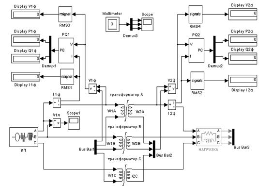 Схема модели для исследования трансформатора.