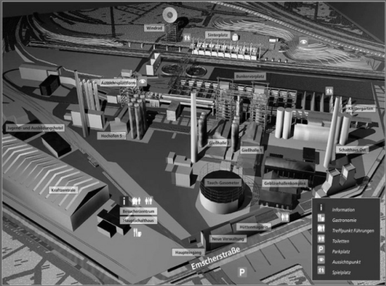 Перспективное изображение завода, реконструированного в парк «Дуйсбург-Норд».