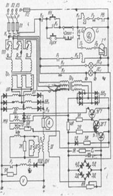Рис. Схема зарядного агрегата типа ВАЗ-70-150 на кремниевых вентилях 1Д — стабилитрон Д810; 2Д-5Д, 10Д — диоды германиевые; 1СС — селеновый столбик; БВп — блок из четырех диодов Д-305; БВ, - блок из четырех кремниевых вентилей ВКД-200-1ГТ, 2ГТ, згттранзисторы; С, — конденсатор; ДН — дроссель насыщения; МУ — магнитный усилитель; РВ — реле протока воздуха: Р, — реле промежуточное РПТ-100.