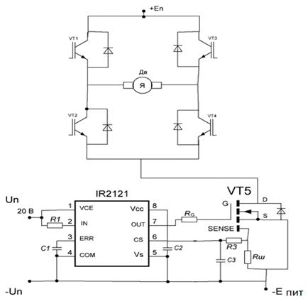 Схема защиты от токов к.з. на базе SENSE - МДП транзистора (VT5).