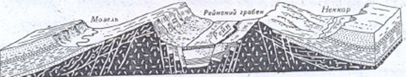 Схема строения ступенчатого сброса. Рейнский грабен (по И.С.Щукину).