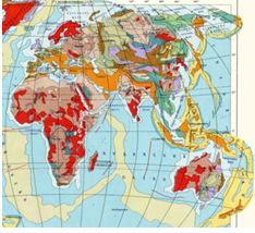 Геологическая карта мира. Пояс кайнозойской складчатости показан оранжевым.