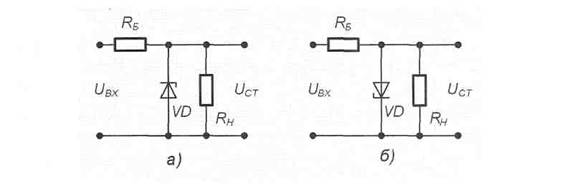 Схема включения стабилитрона (а) и стабистора (б).