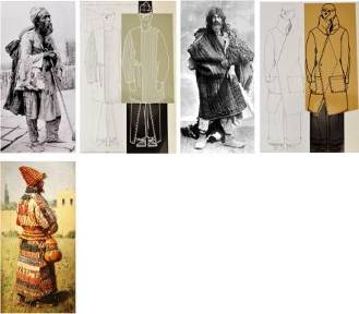 Фотографии дервишей и эскизы моделей, разработанных на основе переработки их костюмной традиции (автор В. Найденов).