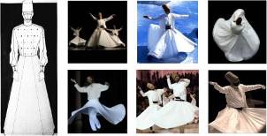 Фотографии танцующих дервишей и эскиз из коллекции В. Найденова, созданной по мотивам их костюма.