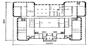 Компактное решение здания (на примере общеобразовательной школы) с одним входом и двойным тамбуром, обеспечивающим изменение направления движения.
