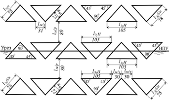 Схема планового размещения волногасящих элементов из равнобедренных треугольных призм на креплении верхового откоса плотины мелиоративного пруда.