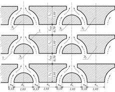 Схема симметричного размещения криволинейныхв плане и призматических по форме волногасящих элементов на креплении верхового (напорного) откоса грунтовой плотины.