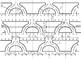 Схема асимметричного размещения криволинейныхв плане волногасящих призматических (по форме) элементовна креплении верхового откоса грунтовой плотины.