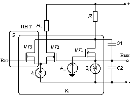 Упрощенная принципиальная схема полосового звена второго порядка на базе усилителя тока.