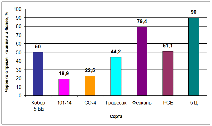 Выход черенков подвойных сортов винограда с тремя корнями и более в зависимости от сортовых особенностей, 2012 г. (НСР05 - 9,0%).