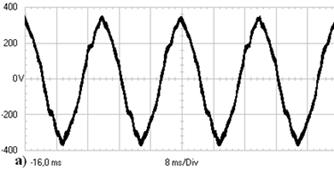 Осциллограмма напряжения при включенных системе управления и параллельном активном фильтре с резисторами в составе RC фильтра.