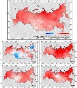 Распределение коэффициентов линейного тренда среднегодовой и средних сезонных значений температуры приземного воздуха на территории РФ за период 1976;2014 гг. (в oC/10 лет).