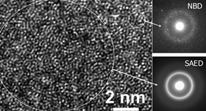 Изображение просвечивающей электронной микроскопии высокого разрешения и картины дифракции от выбранной области субмикроскопического размера.