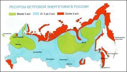 Распределение значений среднегодовых скоростей ветра на высоте 10 м по территории России.